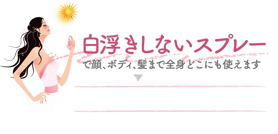 白浮きしないスプレーで顔、ボディ、髪まで全身どこにも使えます