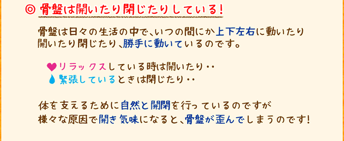 骨盤は開いたり閉じたりしている! 骨盤は日々の生活の中で、いつの間にか上下左右に動いたり開いたり閉じたり、勝手に動いているのです。 リラックスしている時は開いたり・・ 緊張しているときは閉じたり・・ 体を支えるために自然と開閉を行っているのですが様々な原因で開き気味になると、骨盤が歪んでしまうのです!